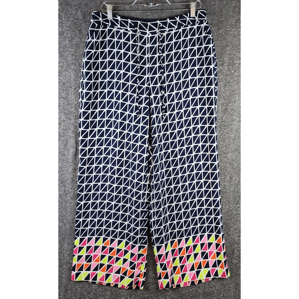 Kaari Blue Pants Womens L Geometric Navy White Drawstring Wide Leg EUC